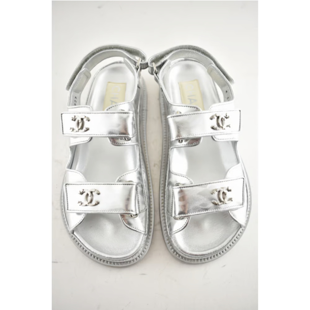 Chanel 22C Silver Laminated Star CC Logo Mule Slide Strap Flat Dad Sandal 35.5 - Picture 5 of 12